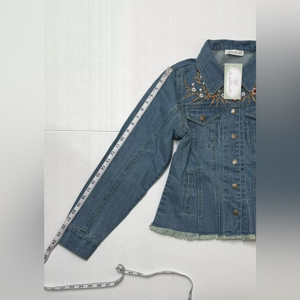 Keren Hart Women’s Blue Floral Embroidery Long Sleeve Button Up Denim Jacket s M - Picture 10 of 12